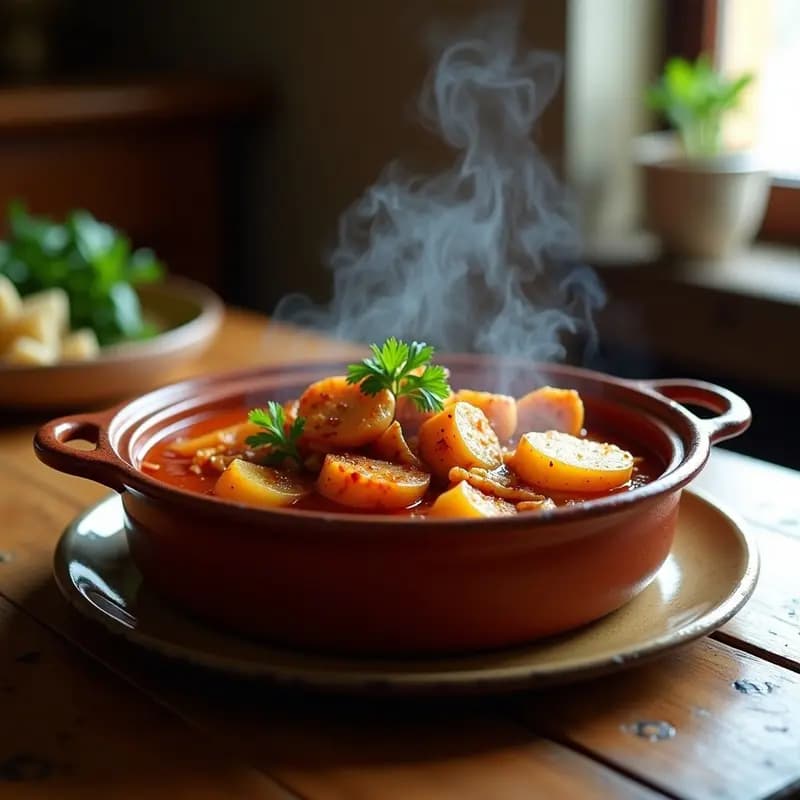 Cazuela de barro humeante con pulpo a la mugardesa, trozos de pulpo tierno y rodajas de patata doradas bañadas en un caldo espeso con pimentón, decorado con perejil fresco.