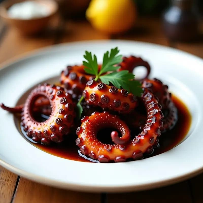 Plato de pulpo al olivo negro y pimentón de la Vera en airfryer, con trozos dorados de pulpo cubiertos de una marinada oscura de aceitunas y especias, espolvoreado con perejil fresco sobre fondo rústico.