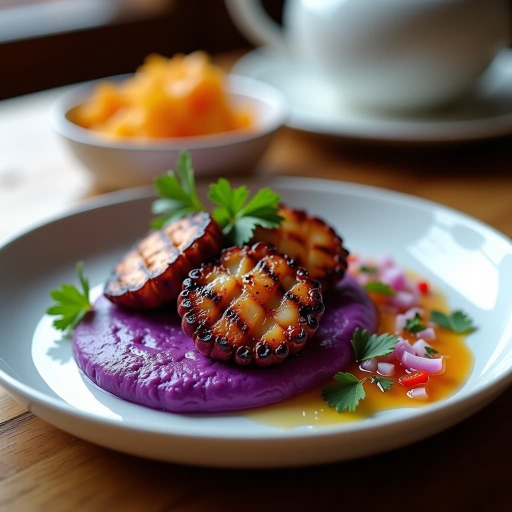 Plato gourmet con pulpo a la parrilla dorado en trozos sobre un pure de batata morada vibrante, acompañada de una salsa de cítricos con cebolla morada y cilantro. Receta peruana en airfryer, alta en proteína y saludable.