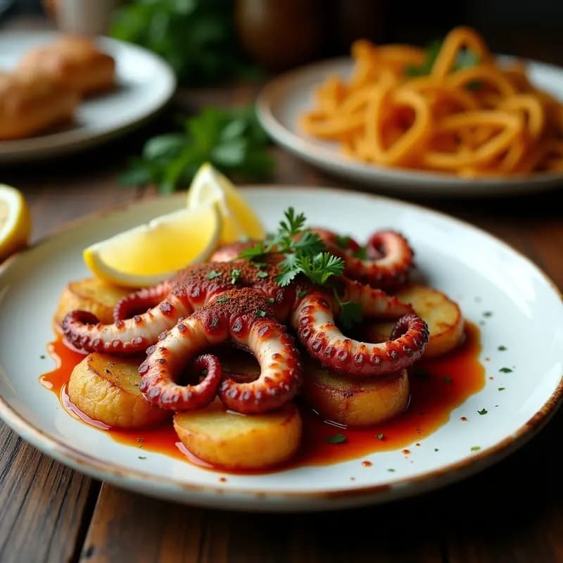 Plato rústico de madera con pulpo a la plancha dorado y jugoso, espolvoreado con pimentón de la Vera, acompañado de patatas pajas crujientes y doradas, perejil fresco y rodajas de limón. Receta de tapa gallega rápida y sabrosa.