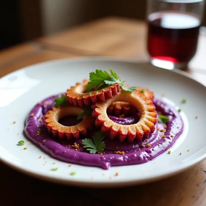 Plato gourmet español con pulpo a la plancha dorado y tierno, acompañado de un puré cremoso de boniato morado vibrante. El pulpo está decorado con una salsa de pimentón de la Vera y aceite de oliva, servido en un plato blanco rústico con toques de pimienta negra y ajo picado.