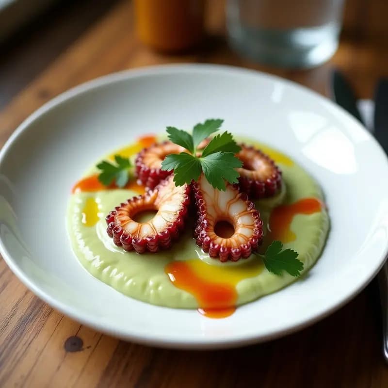 Plato blanco con pulpo a la plancha en trozos dorados sobre un puré cremoso de habas, bañado con aceite de pimentón y decorado con perejil fresco. Receta española baja en calorías con toque moderno.