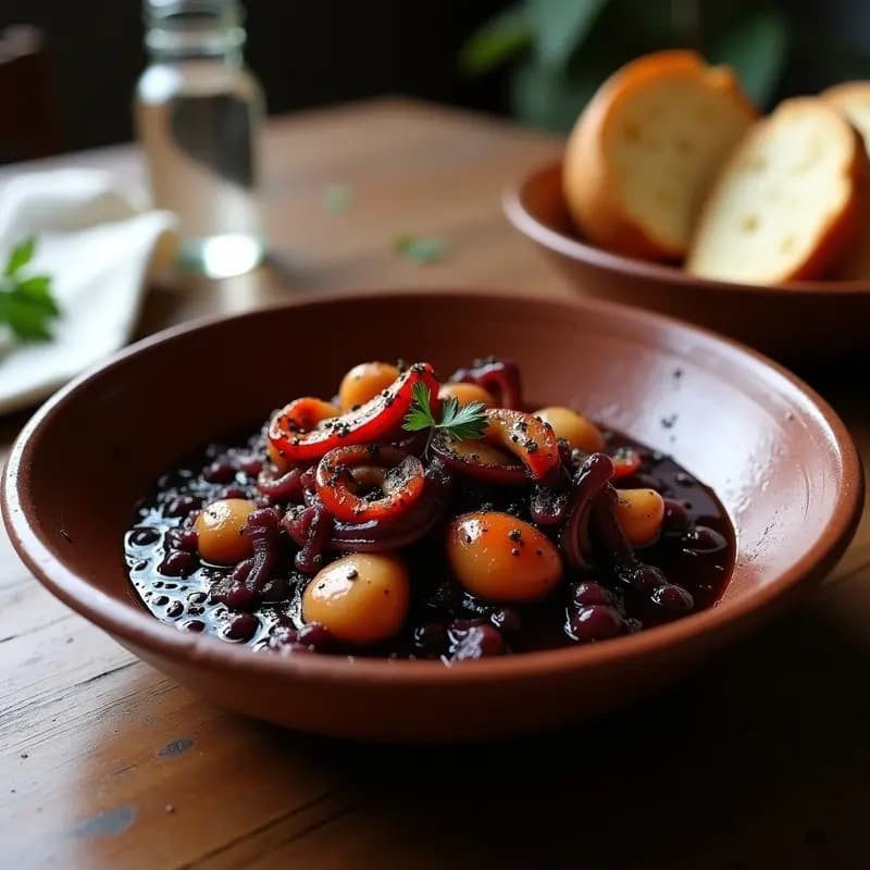 Plato hondo de barro con pulpo en salsa de tinta de calamar, trozos tiernos de pulpo bañados en una salsa negra brillante, decorado con perifollo fresco y acompañado de rebanadas de pan rústico.
