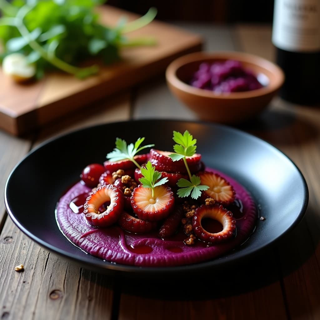 Plato hondo de cerámica negra con pulpo al vino tinto en trozos dorados, bañado en salsa oscura y brillante, acompañado de puré de ñame morado cremoso. Decorado con cilantro fresco y un hilo de aceite de oliva. Receta colombiana gourmet en olla exprés.