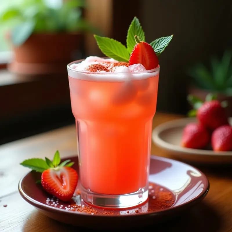 Vaso alto de cristal con pulque de fresa y chili en polvo, decorado con rodajas de fresa, hojas de menta y un borde escarchado con sal y chili. Bebida mexicana fermentada y refrescante con tonos rosados y espuma ligera.