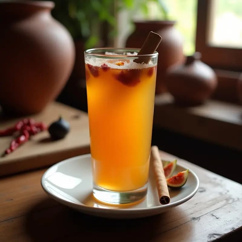 Vaso alto de vidrio con pulte de higos chumbados, bebida fermentada mexicana de color ámbar con trozos de higo rehidratado y una rama de canela como decoración, servida sobre una mesa de madera rústica con fondo borroso de cocina tradicional.