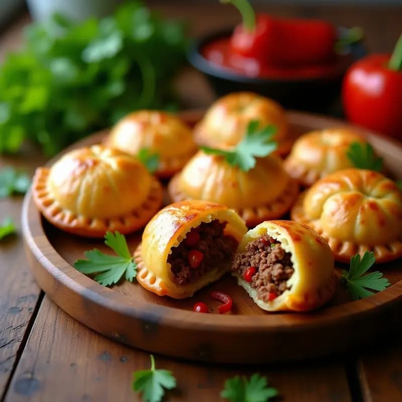 Pupiñá de yuca doradas y crujientes rellenas de carne de res desmenuzada y pimientos asados, dispuestas en una bandeja de madera rústica con hojas de cilantro fresco.