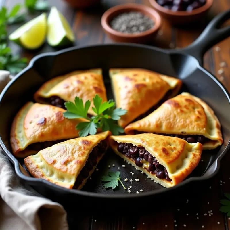 Pupusas salvadoreñas doradas en sartén antiadherente, rellenas de frijol negro y chía con queso vegano derretido, acompañadas de cilantro fresco y rodajas de limón.