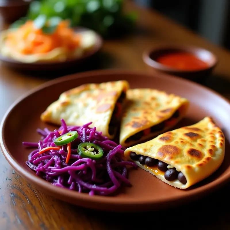 Plato de pupusas salvadoreñas doradas y humeantes, rellenas de frijoles negros y queso vegano, acompañadas de curtido morado, zanahoria y jalapeño en un bol de barro. Receta sin lácteos y auténtica.