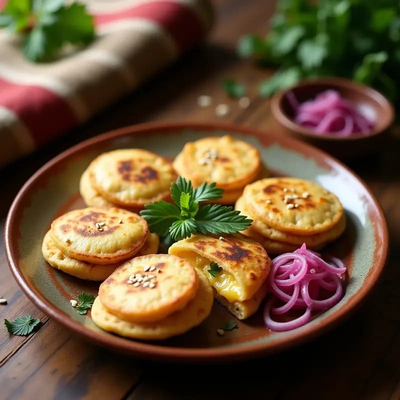 Pupusas doradas y crujientes de harina de sorgo rellenas de queso vegano, servidas en plato de barro con curtido de cebolla morada y hojas de culantro fresco. Receta salvadoreña sin gluten y sin lactosa.