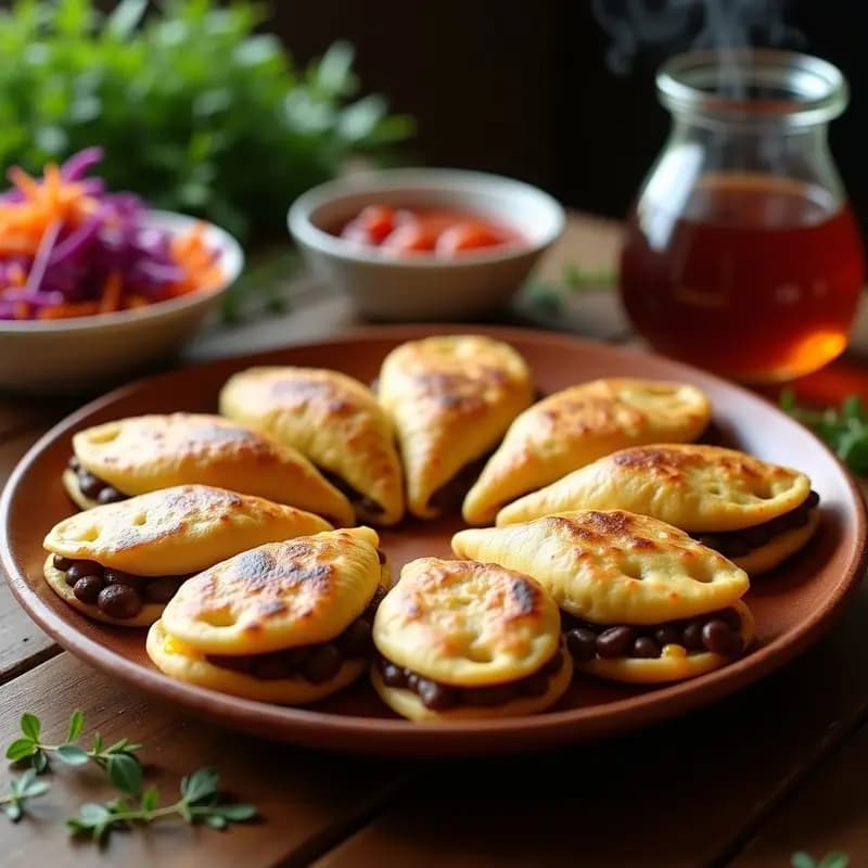 Pupusas salvadoreñas doradas y humeantes servidas sobre un plato de barro, rellenas de queso fundido y frijoles, acompañadas de curtido de repollo morado y zanahoria con vinagre. Receta tradicional sin gluten.