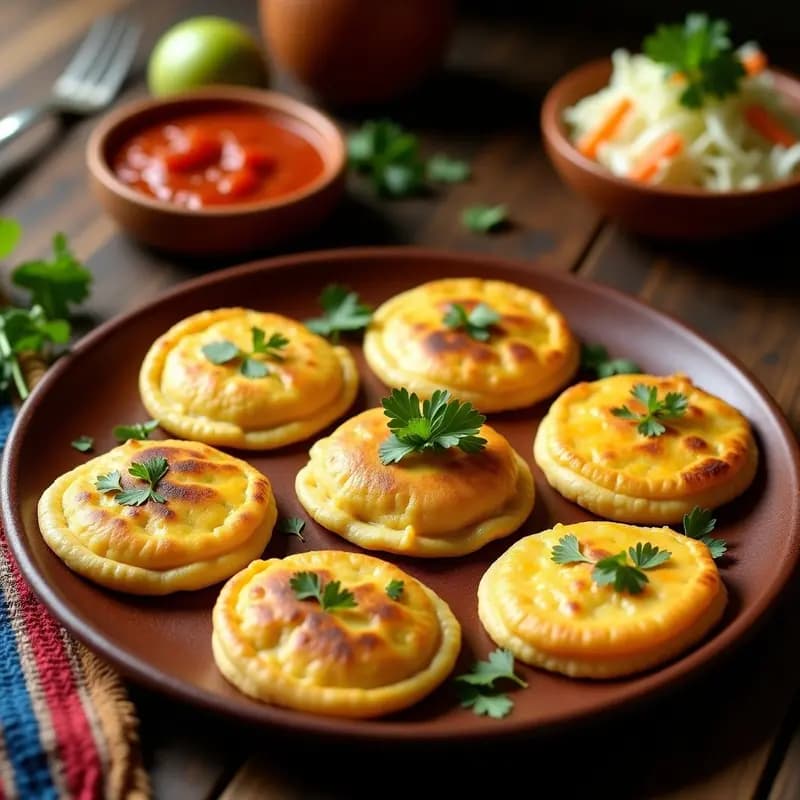 Pupusas de queso y loroco doradas y humeantes en una plancha de barro, acompañadas de salsa de tomate casera fresca y curtido, receta tradicional salvadoreña.