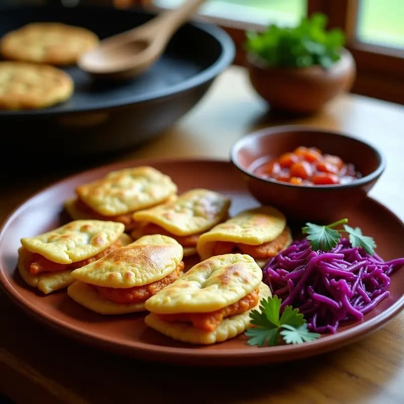 Pupusas de queso de soja y chicharrón vegano doradas y crujientes, servidas en un plato de barro con curtido de repollo y salsa de tomate picante, receta salvadoreña en comal.
