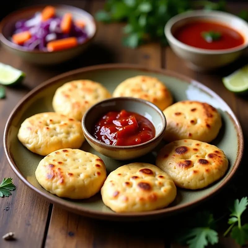Pupusas doradas de quinoa y queso de anacardo servidas en un plato de barro con curtido de repollo morado y salsa de tomate, receta salvadoreña vegana y sin gluten.