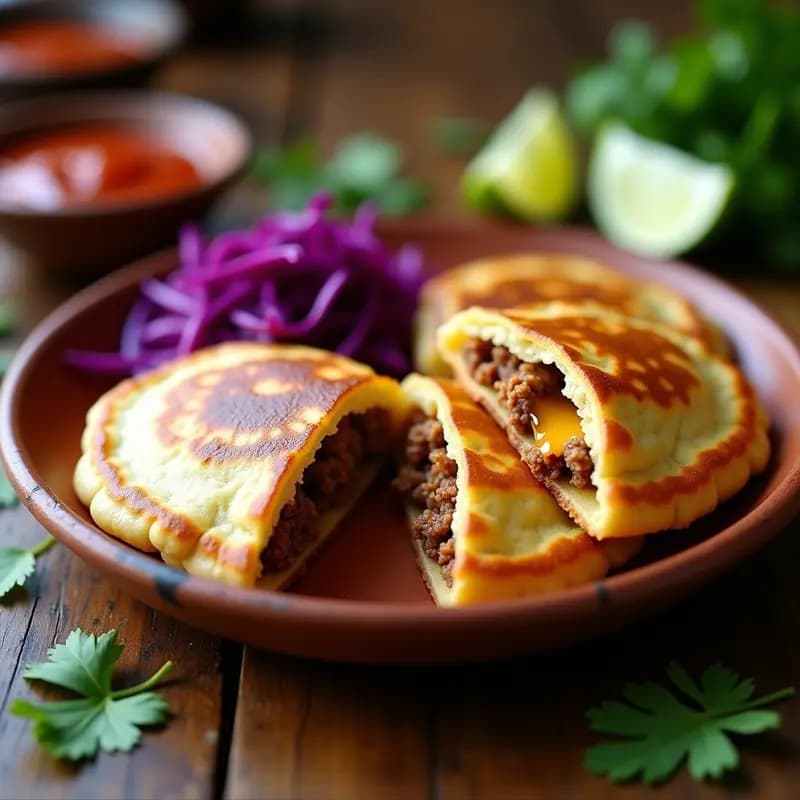 Pupusas revoltijo veganas doradas en un plato de barro, rellenas de chorizo de soja y queso vegano derretido, acompañadas de curtido de repollo morado y salsa picante, receta salvadoreña auténtica.