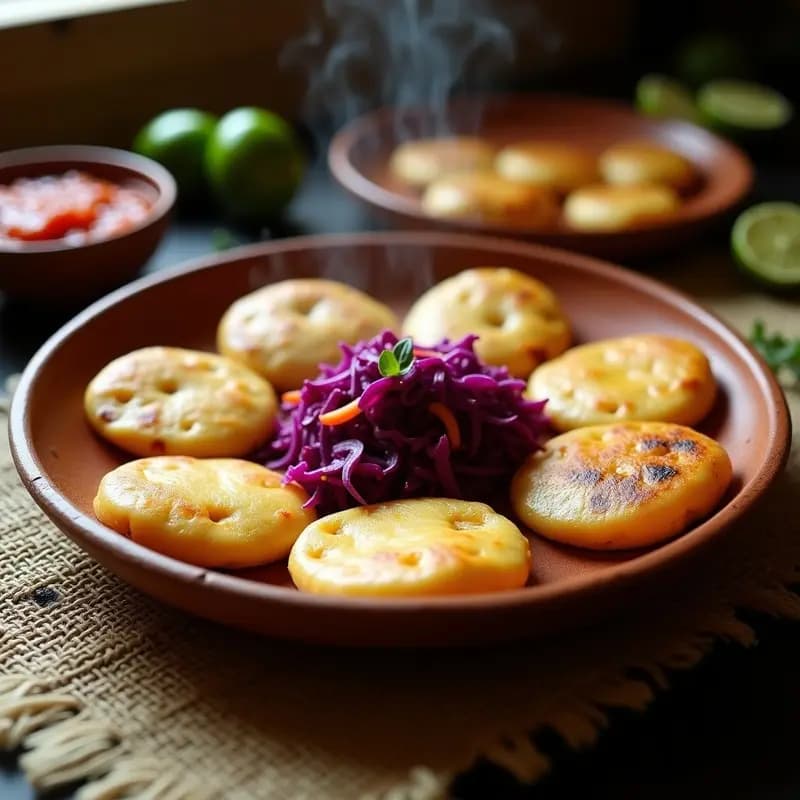 Pupusas salvadoreñas doradas y crujientes, rellenas de queso derretido y chicharrón, servidas en un plato de barro con curtido y salsa de tomate al fondo. Receta tradicional de pupusas de queso y chicharrón.