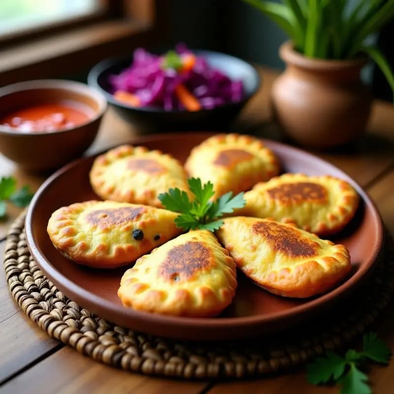 Pupusas de yuca y frijoles negros veganas, doradas por fuera y servidas en un plato de barro con curtido de col morada y salsa de tomate picante al lado.