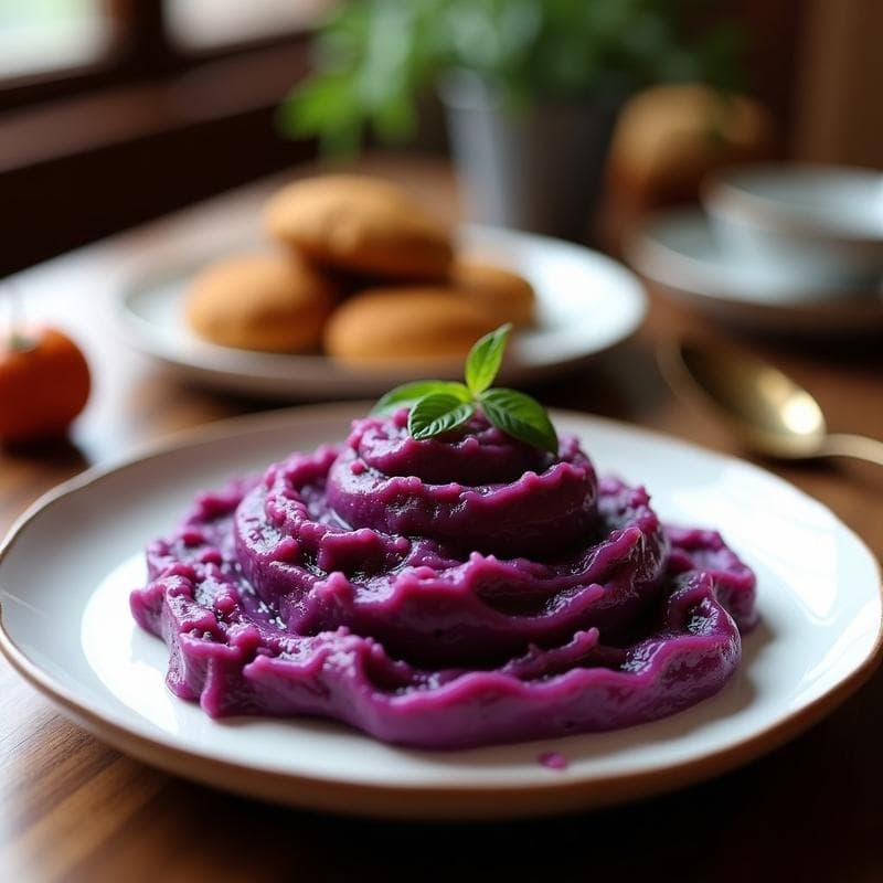 Plato hondo blanco con puré de batata morada vibrante, cremoso y brillante, coronado con un hilo de aceite de oliva y una pizca de nuez moscada. Fondo rústico con elementos argentinos como un mate y utensilios de madera.