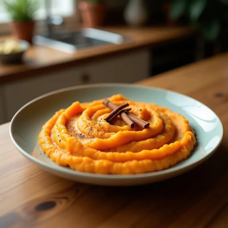 Puré de boniato cremoso de color naranja intenso servido en un bol de cerámica blanca, decorado con una pizca de canela en polvo y hojas de menta fresca. Acompañamiento caribeño sin lactosa con textura aterciopelada.
