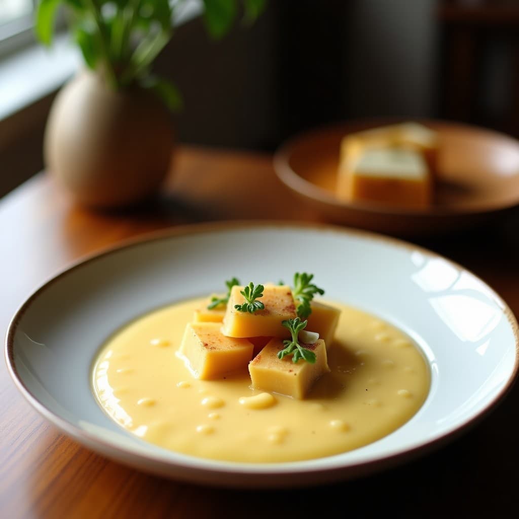 Puré de coliflor cremoso y suave en cuenco de cerámica blanca, coronado con un hilo de aceite de oliva virgen extra y perejil fresco picado. El plato emana un aroma ahumado gracias al pimentón, con un fondo de mesa de madera rústica y velas encendidas.