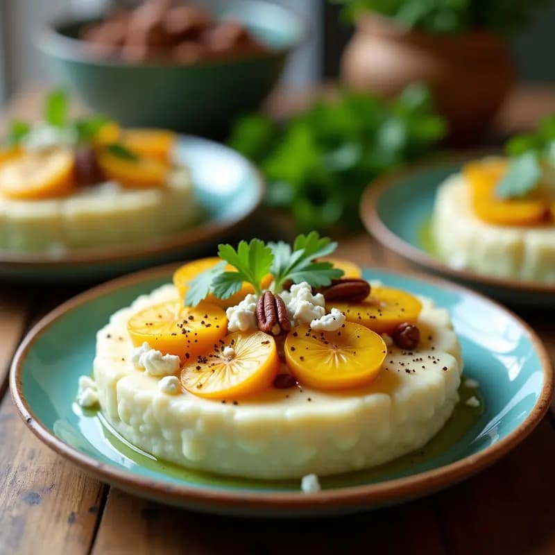 Puré de coliflor cremoso en un tupper de cristal con trozos de plátano verde dorado, queso de cabra desmenuzado, nueces pecanas tostadas y cilantro fresco. Plato dominicano-español keto y sin gluten.