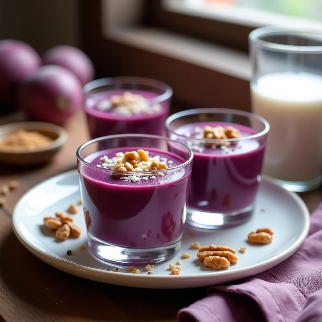 Copas de cristal transparente con puré de ñame morado cremoso, decorado con coco rallado tostado, nueces picadas y semillas de chía, sobre un fondo de madera rústica. Postre colombiano vegano y sin azúcar.