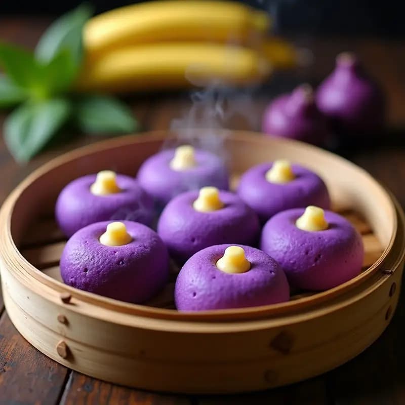 Puto filipino al vapor de color morado intenso con trocitos de queso Edam derretido en el centro, servidos en moldes de silicona sobre una bandeja de bambú con hojas de plátano de fondo.