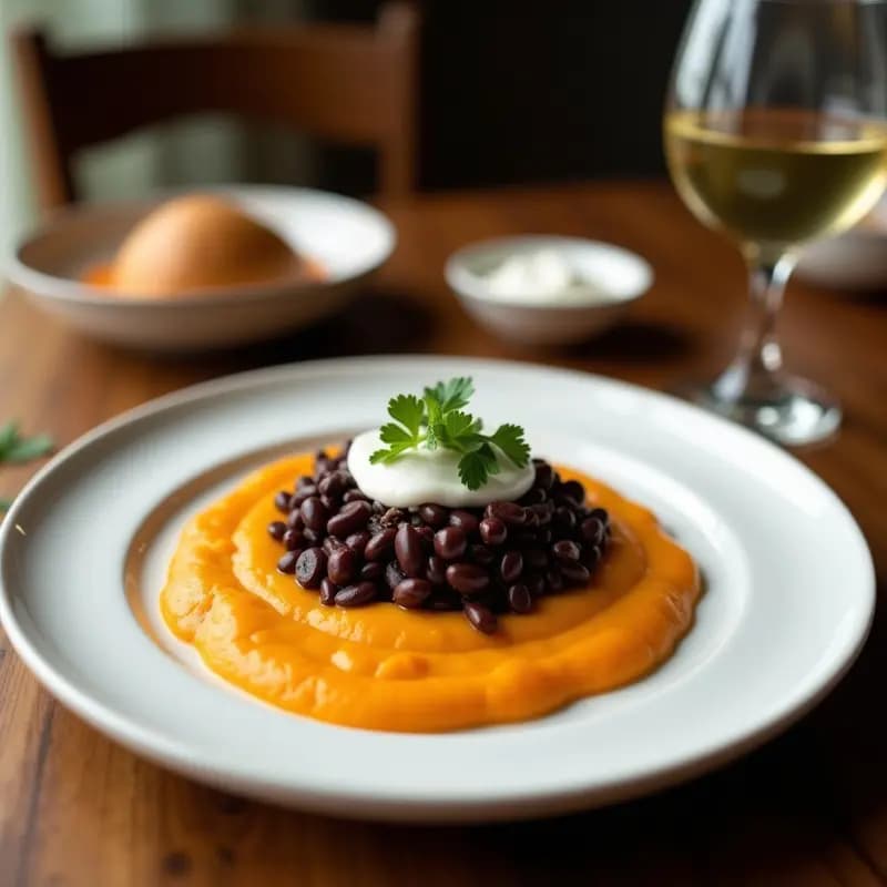 Plato hondo de barro con puré espeso de habichuelas negras y calabaza, decorado con coco rallado y cilantro fresco. Acompañado de rodajas de limón verde y arroz blanco, típico Pwa Kongo Haitiano.