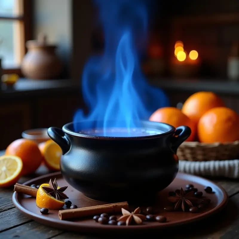 Cazuela de barro negra con queimada gallega en llamas azules, rodeada de cáscaras de naranja, limón, granos de café y ramas de canela sobre una mesa rústica de madera. Bebida tradicional caliente para el invierno.
