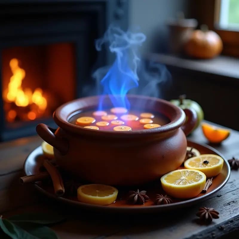 Cazuela de barro con Queimada Gallega humeante, rodeada de rodajas de manzana, naranja y especias como canela y clavo. Llamas azules danzando sobre la superficie, ambiente oscuro de Halloween.