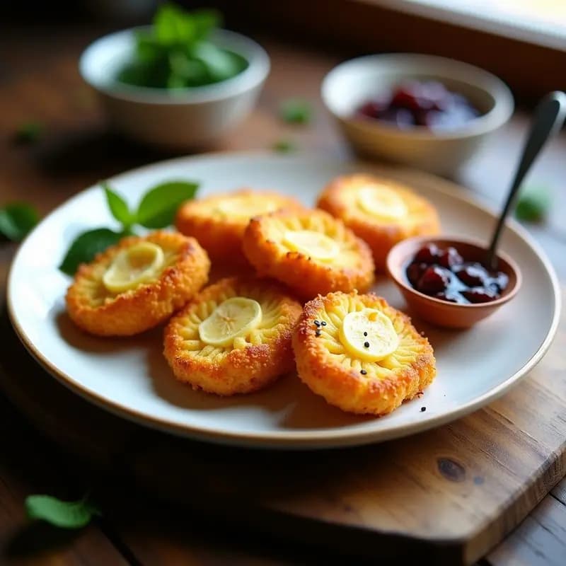Plato blanco con querques de maíz dorados y crujientes rellenos de queso halloumi, acompañados de mermelada de higos brillante y hojas de menta fresca, sobre fondo rústico de madera. Receta griega en airfryer.