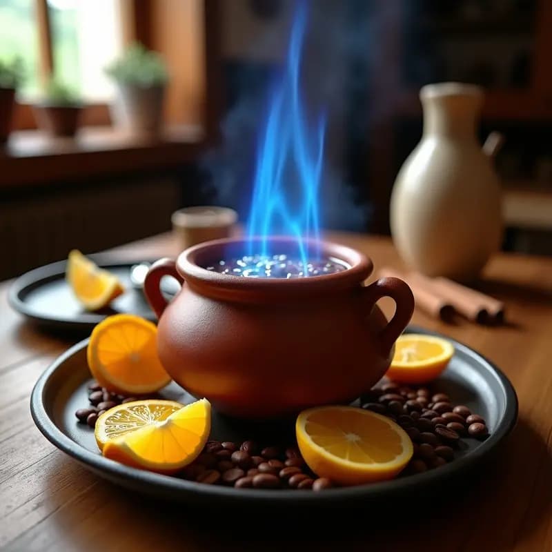 Cazuela de barro con queueimada gallega flameando, rodeada de cáscaras de limón, naranja, rama de canela y granos de café. Bebida tradicional caliente para noches frías.
