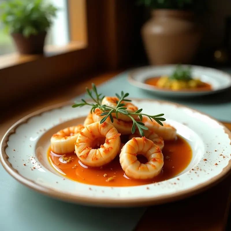 Plato blanco con rabas de calamares rebozados dorados y crujientes, acompañadas de un cuenco pequeño con salsa de alioli cremosa y gajos de limón. Fondo rústico de madera con toalla de cocina a cuadros.