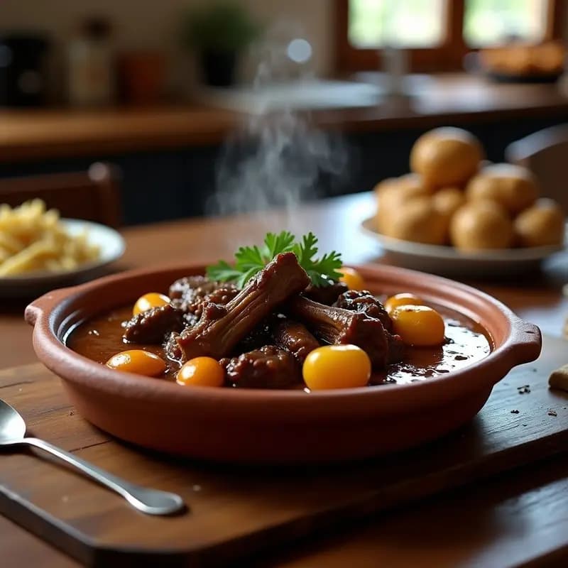 Olla de barro humeante con rabo de torro en salsa, guiso andaluz de lento cocinado, rodeado de patatas enteras y espolvoreado con perejil fresco sobre fondo rústico de madera.