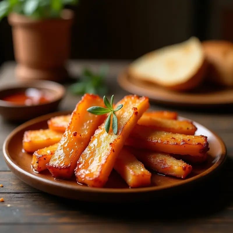 Plato de madera rústico con rabos de torrezno dorados y crujientes, receta tradicional de Castilla y León para tapas, acompañados de pan tostado.