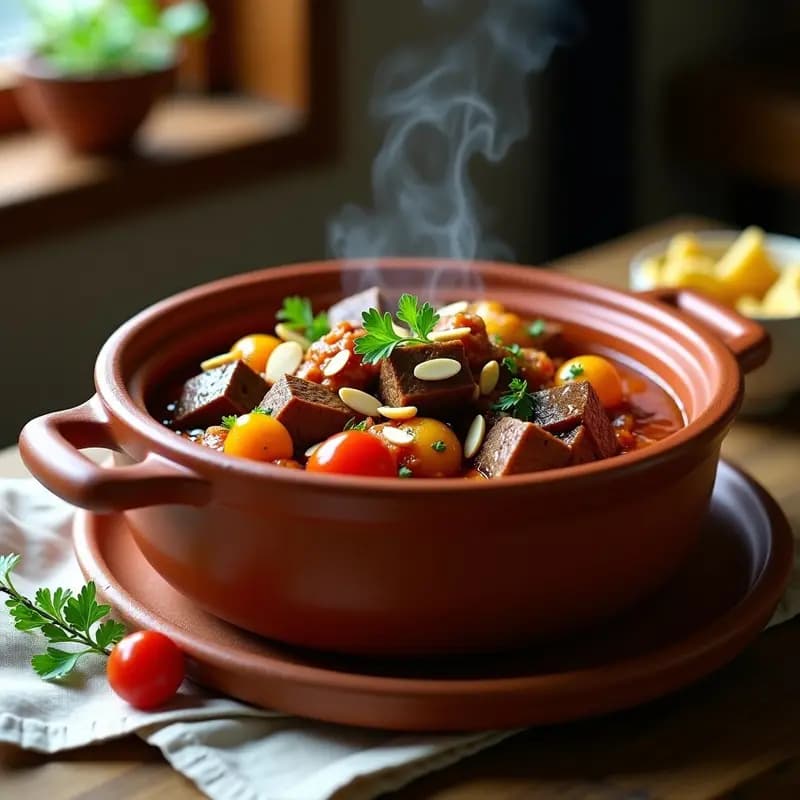 Olla de barro humeante con ragú armenio de cordero, trozos tiernos de carne bañados en salsa espesa de color rojo oscuro, cubos de berenjena dorada, tomates secos y especias. Decorado con almendras fileteadas y perejil fresco sobre fondo rústico de madera.