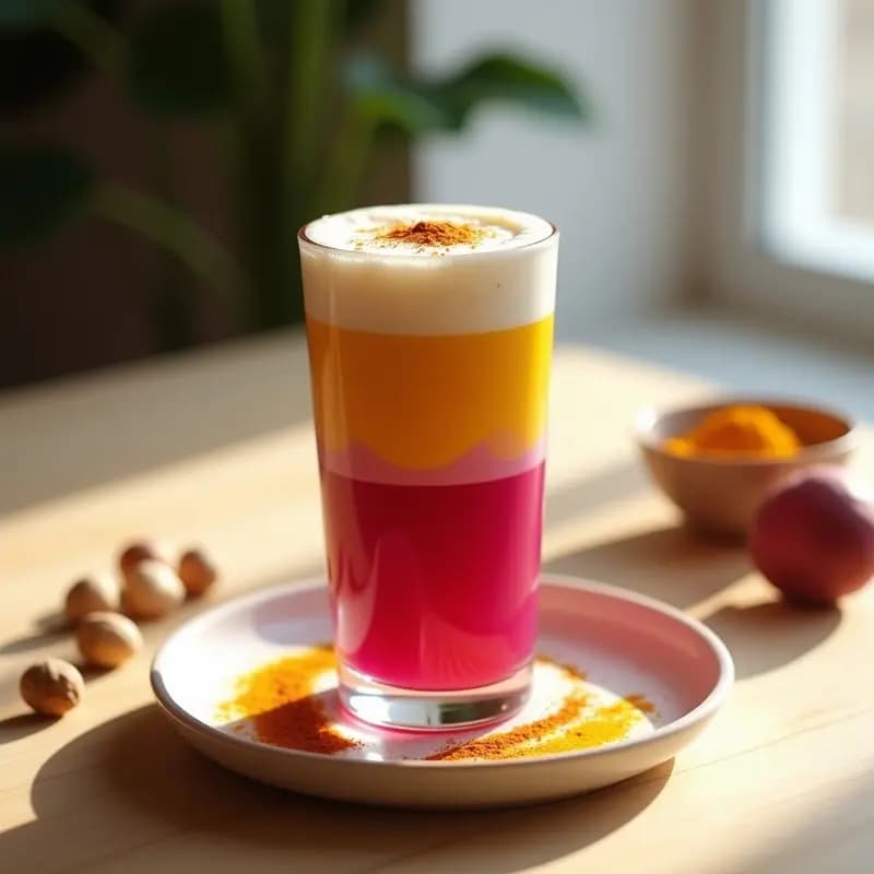 Vaso alto transparente con Rainbow Latte de remolacha y cúrcuma: capa rosa en la base, dorada en el centro y espuma blanca de leche de avellanas en la superficie, decorado con espirales de cúrcuma y canela. Bebida estética y antioxidante sobre fondo claro.