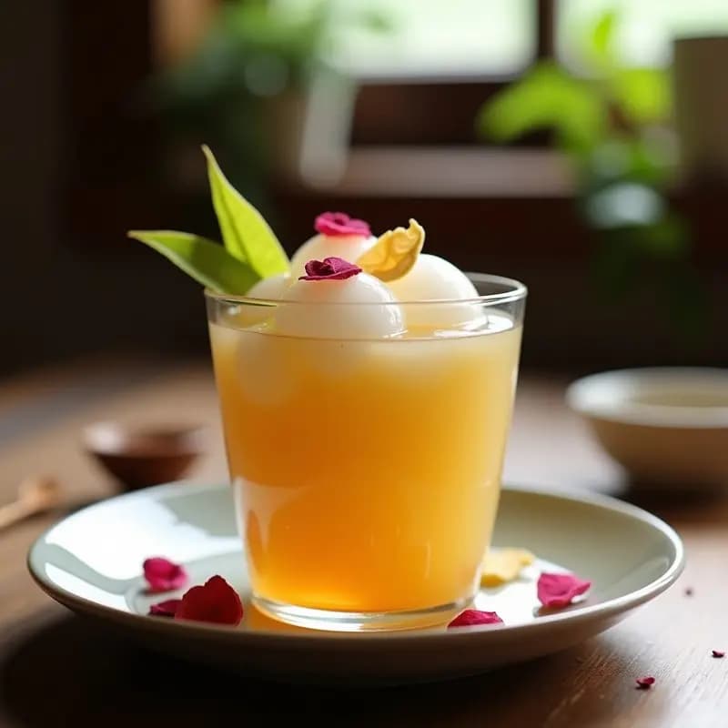 Rambután en almíbar con jengibre servido en copa de cristal transparente, con pulpas blancas y brillantes bañadas en almíbar dorado, decorado con pétalos de rosa comestibles y rodajas finas de jengibre fresco. Postre tailandés exótico y libre de lácteos.