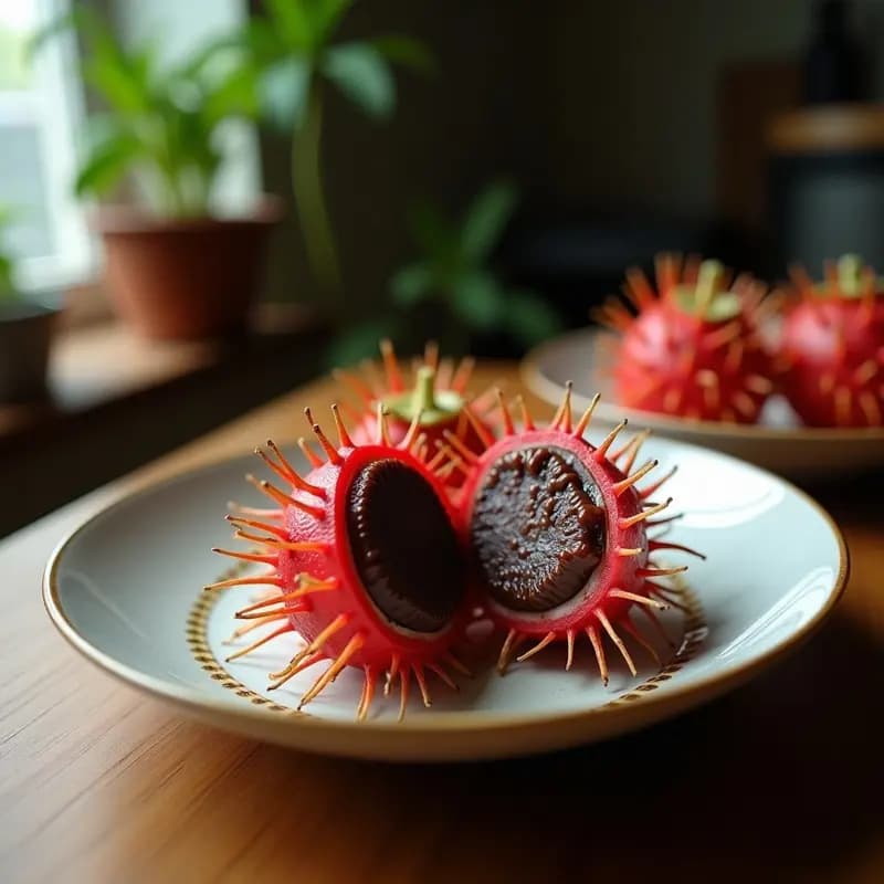 Rambutanes pelados rellenos de coco rallado cremoso y bañados en chocolate negro brillante, servidos en plato de porcelana blanca con virutas de coco tostado y jengibre rallado como decoración, postre tailandés exótico sin azúcar.