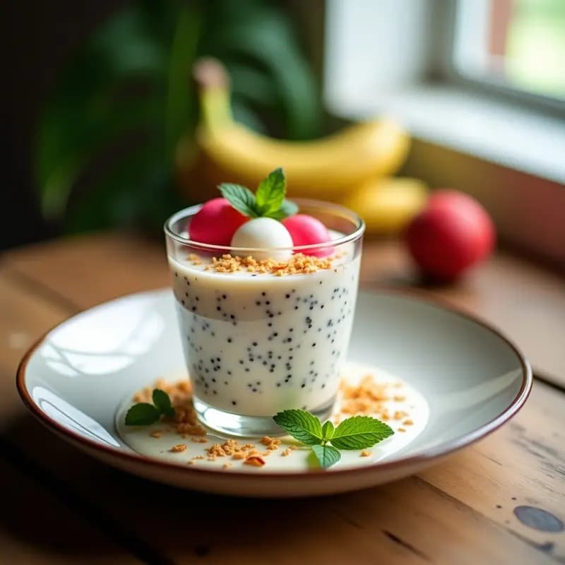 Copas de cristal transparente con capas de pudín de chía y coconut milk, pulpas de rambután blanco y semillas de chía negras, decorado con hojas de lima kaffir. Postre tailandés exótico y vegano.