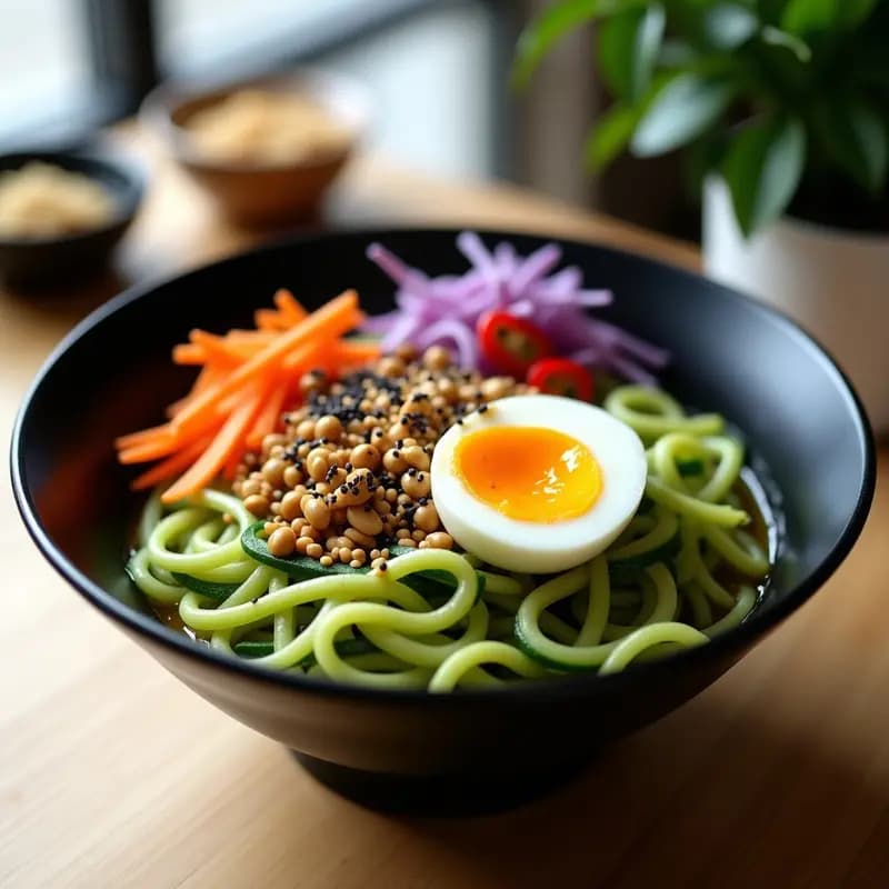 Bol negro hondo con ramen de calabacín espiralizado, huevo escalfado partido, cacahuetes tostados, brotes de soja, zanahoria morada rallada y salsa teriyaki brillante. Decorado con semillas de sésamo negro y chile rojo en rodajas, sobre fondo claro.