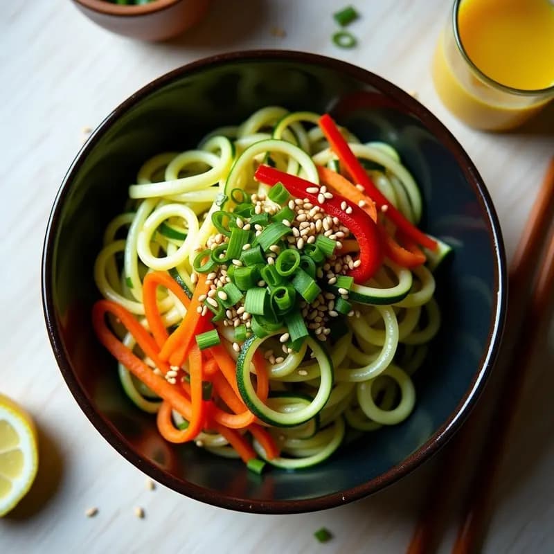 Bol hondo negro con ramen de calabacín espiralizado fresco, brotes de soja, zanahoria en juliana, pimiento rojo y algas nori. Bañado con hidromiel de limón brillante y decorado con semillas de sésamo y cebollino. Presentación minimalista y fotogénica sobre fondo claro.