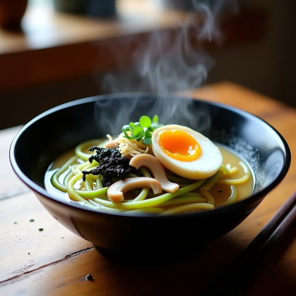 Cuenco hondo de cerámica negra con ramen de calabacín en tiras finas, hongos enoki blancos, algas nori oscuras, huevo pochado y semillas de sésamo negro, bañado en un caldo dorado de miso. Platos de cocina japonesa keto y baja en carbohidratos.