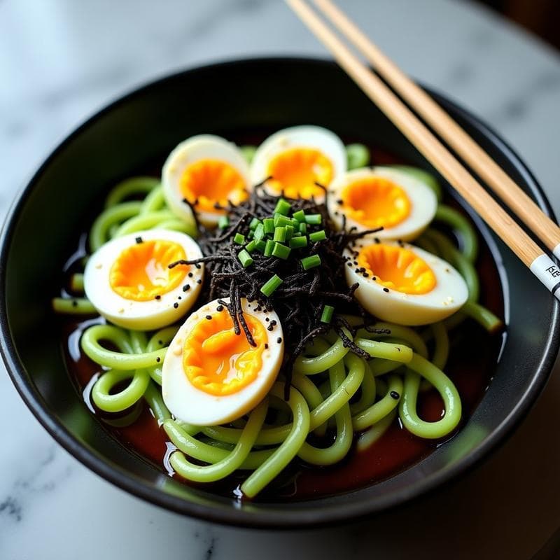 Cuenco hondo negro con ramen de calabacín en tiras finas, huevos de codorniz cortados por la mitad, algas nori, semillas de sésamo y cebollino, bañado en salsa teriyaki brillante. Plato keto en airfryer con fondo minimalista.