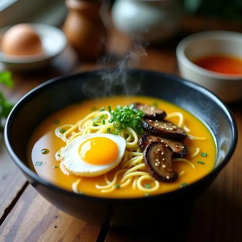Cuenco negro hondo con ramen de fideos de calabacín espiralizados, huevo poché con yema líquida, champiñones dorados y caldo dorado brillante de cúrcuma, decorado con semillas de sésamo y cebollino. Plato estético y viral para redes sociales.
