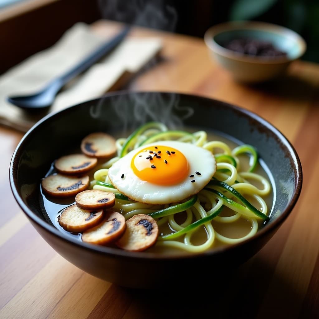 Cuenco de ramen japonés bajo en carbohidratos con fideos de calabacín espiralizado, huevo pochado perfecto, setas shiitake doradas y semillas de sésamo negro, bañado en un caldo de miso claro y aromático.
