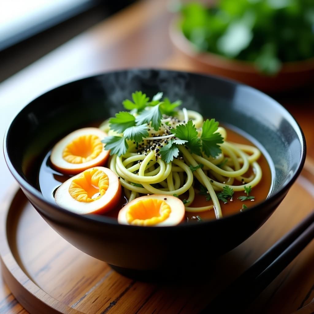 Cuenco negro de ramen keto con fideos de calabacín espiralizado, huevos de codorniz marinado abiertos por la mitad, broth umami humeante, brotes de soja, cilantro fresco y semillas de sésamo negro, servido sobre una mesa de madera con palillos.