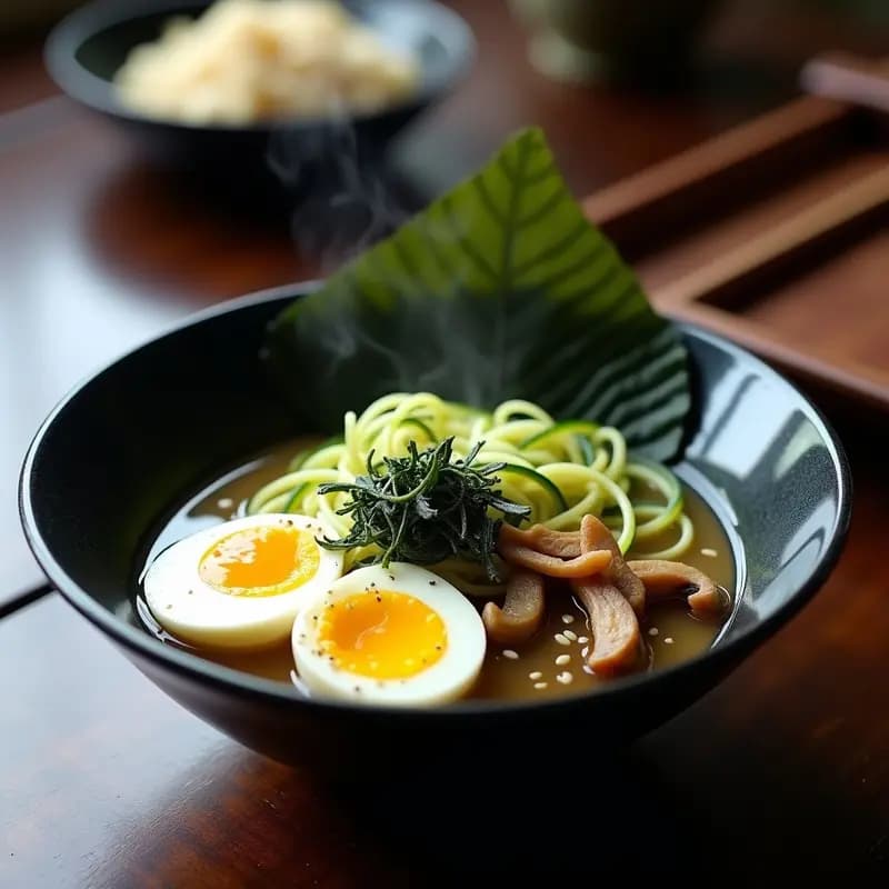 Cuenco negro de cerámica con ramen de calabacín en tiras finas, huevos marineros cortados por la mitad mostrando yema cremosa, setas portobello doradas y semillas de sésamo espolvoreadas. Decorado con tiras de alga nori y un hilo de aceite de sésamo. Receta japonesa keto baja en carbohidratos.