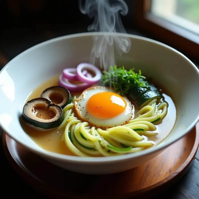 Cuenco hondo de cerámica blanca con ramen de calabacín en tiras finas, bañado en caldo de miso espumoso, champiñones portobello salteados, cebolla morada en juliana, huevo pochado con yema líquida y decoración de semillas de sésamo y cebollino fresco. Plato japonés sin fideos, servido sobre una bandeja de madera rústica.