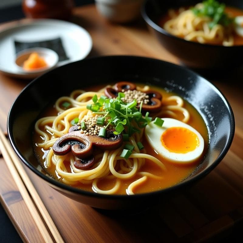 Cuenco hondo de cerámica negra con ramen de fideos de calabacín espiralizados, brodo de miso dorado, hongos shiitake salteados, medio huevo campero, cebollino picado y semillas de sésamo. Plato low carb japonés adaptado a cocina casera.